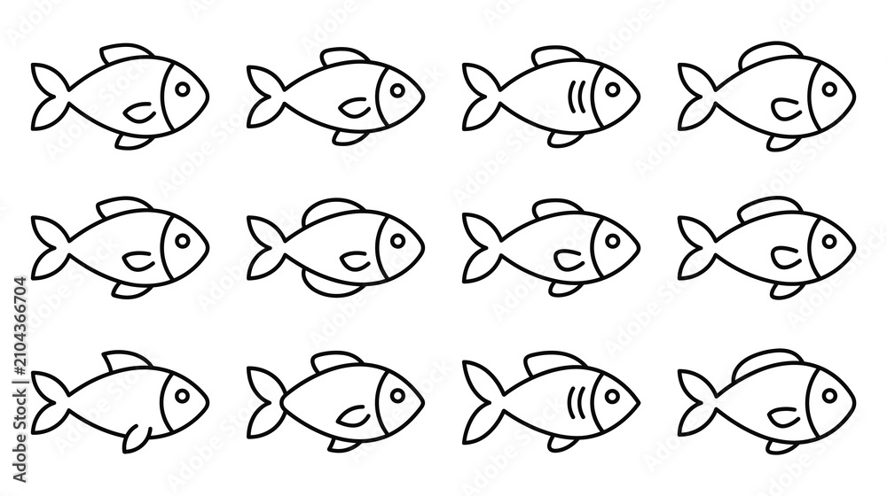 Obraz premium Fish icon set with different line art styles for coloring books and marine life graphics.