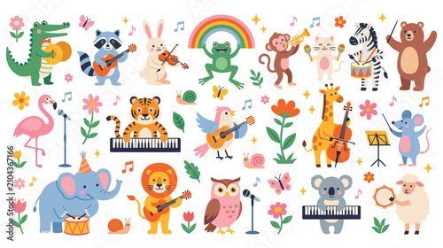 Photography Group of cute cartoon animals playing various musical instruments in vibrant color set