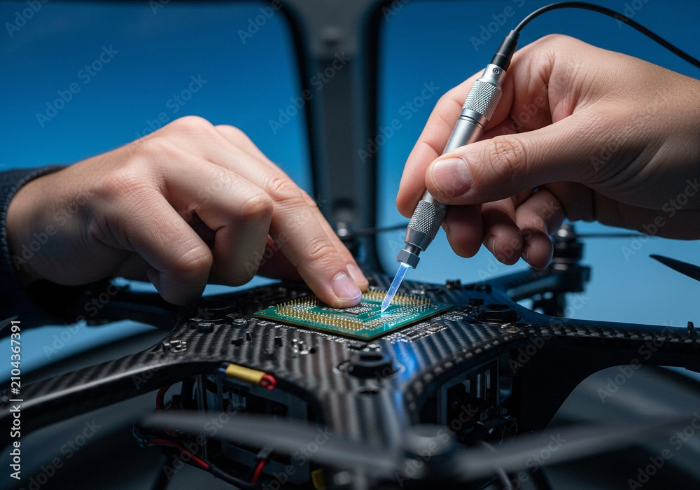 Fototapeta premium Technician repairing drone circuit board with soldering tool