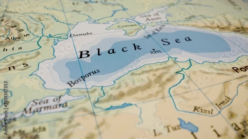black sea, turkey and crimea peninsula map gliding camera view showing coastal region
