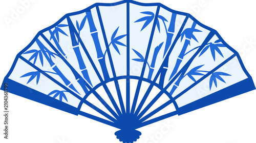 Blue Japanese folding fan with bamboo stalks and leaves.