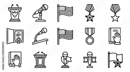 Fotografie Patriotic Icons: US Flag, Podium, Microphone, Award Medals, Oath Book, Certifica