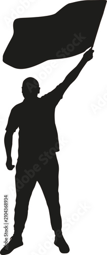 Black silhouette of a man holding a blank banner above his head isolated on a white background, male person displaying an empty sign for advertising or message