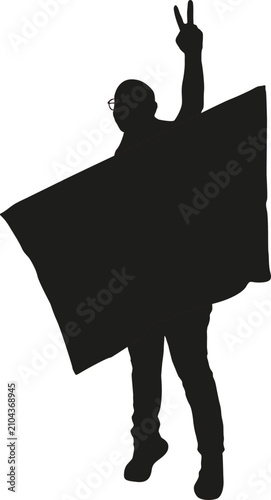 Black silhouette of a man holding a blank banner above his head isolated on a white background, male person displaying an empty sign for advertising or message