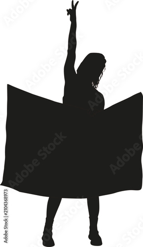 Black silhouette of a woman holding a blank banner isolated on a white background, female person presenting an empty sign for advertising, promotion, or information