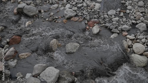 Background of a mountain river with strong flow, cloudy after precipitation