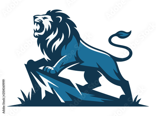 Bild auf Leinwand Lion stands majestically upon a rocky outcrop in this stylized blue illustration