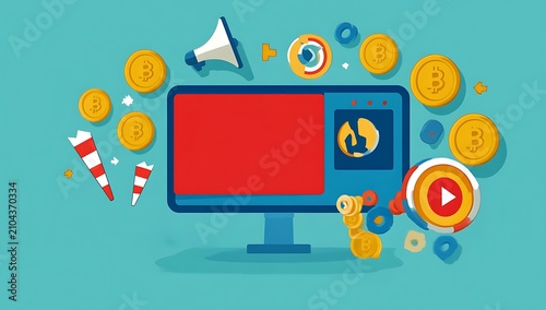 Computer monitor with red screen, surrounded by gold coins, play button, megaphone, and rocket on