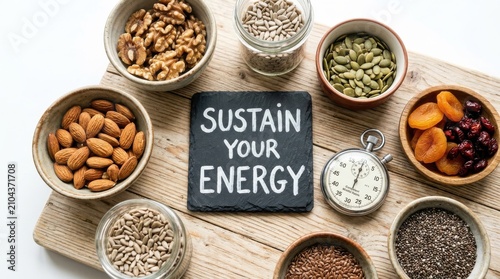 Healthy nuts and seeds arranged for energy with motivational message