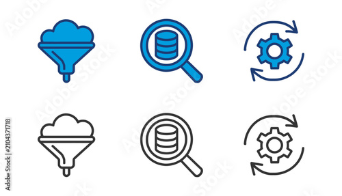 Data filtering database search and process automation icon set line and filled styles