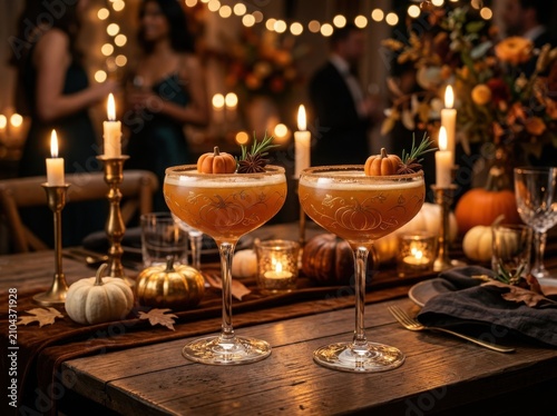 Autumn harvest cocktails served at a festive holiday dinner party with warm bokeh lights
