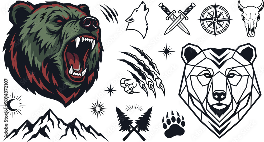 Obraz premium Wilderness Adventure and Wildlife Mascot Vector Set Featuring Roaring Grizzly Bear, Geometric Bear Head, Mountain, and Dagger Symbols