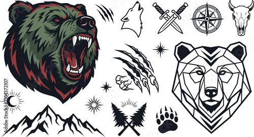 Wilderness Adventure and Wildlife Mascot Vector Set Featuring Roaring Grizzly Bear, Geometric Bear Head, Mountain, and Dagger Symbols