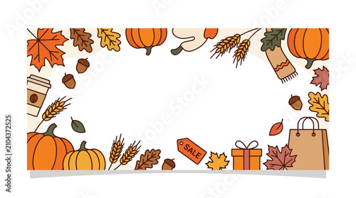 Fall season promotional banner frame with pumpkins and autumn foliage vector graphic
