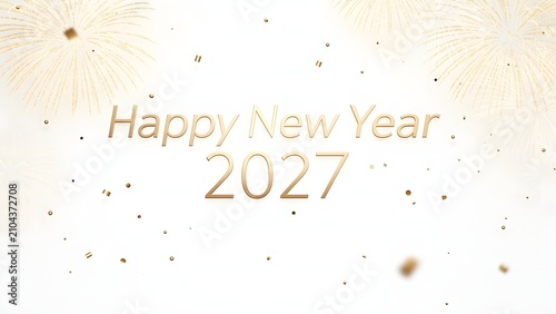 Elegant Happy New Year 2027 greeting card design with golden fireworks and confetti on white background.