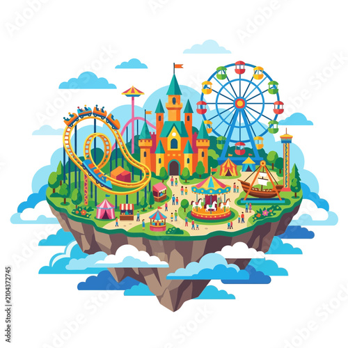 Floating amusement park island illustration with castle and rides