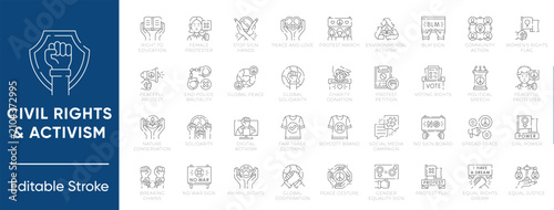 Civil rights, human rights, activism, and social justice outline vector icon set with editable stroke. Modern thin line icons for protest, equality, and peace UI