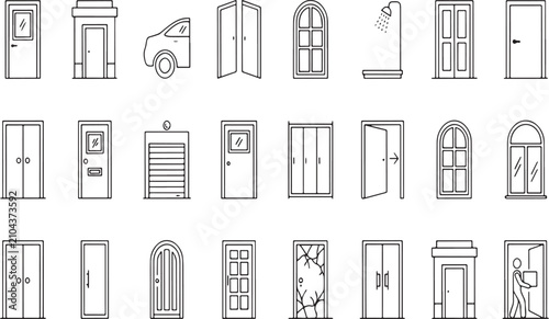 Collection of Various Door Types and Accessories with Simple Line Icons on Transparent Background