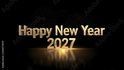 Elegant golden 3D text reading Happy New Year 2027 on a dark background with subtle fireworks.