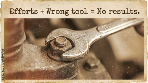 Wrench and nut with text about efforts and wrong tools illustration