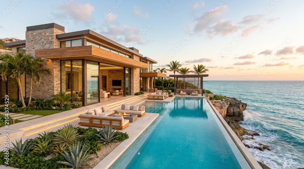 Fototapeta premium Luxury Modern Oceanfront Villa with Infinity Pool and Panoramic Sea View at Golden Sunset