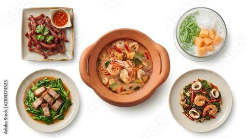 Top view of assorted Thai dishes and dessert on white background, creative food art illustration