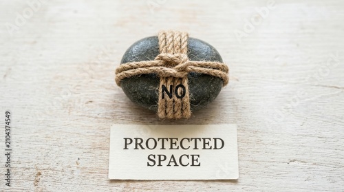 Stone tied with rope and sign NO PROTECTED SPACE