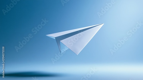 Minimalist white paper airplane soaring through a clear blue studio background, symbolizing freedom, communication, and new ideas.