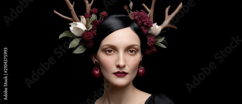 Mythical Woman with Antler Headdress and Berries on Black Background