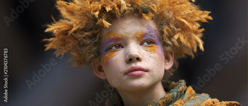 Artistic Portrait: Young Face with Textured Orange Hair, Vibrant Earthy Makeup Looking Up