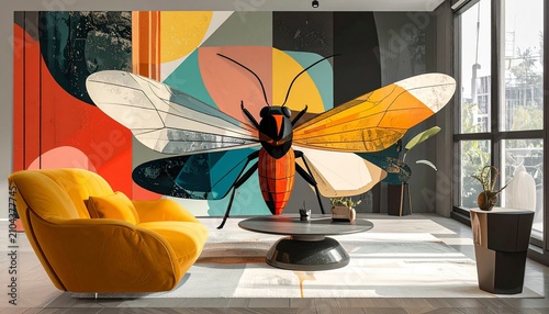 Modern Living Room with Butterfly Art and Yellow Chair.