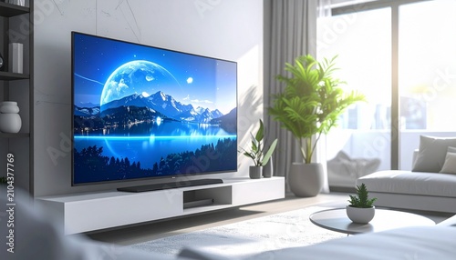 Modern Living Room with Large Screen TV Displaying Scenic View.