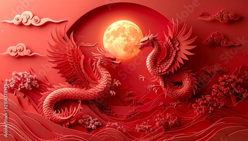 Majestic Red Dragon and Phoenix Dance Under the Full Moon.