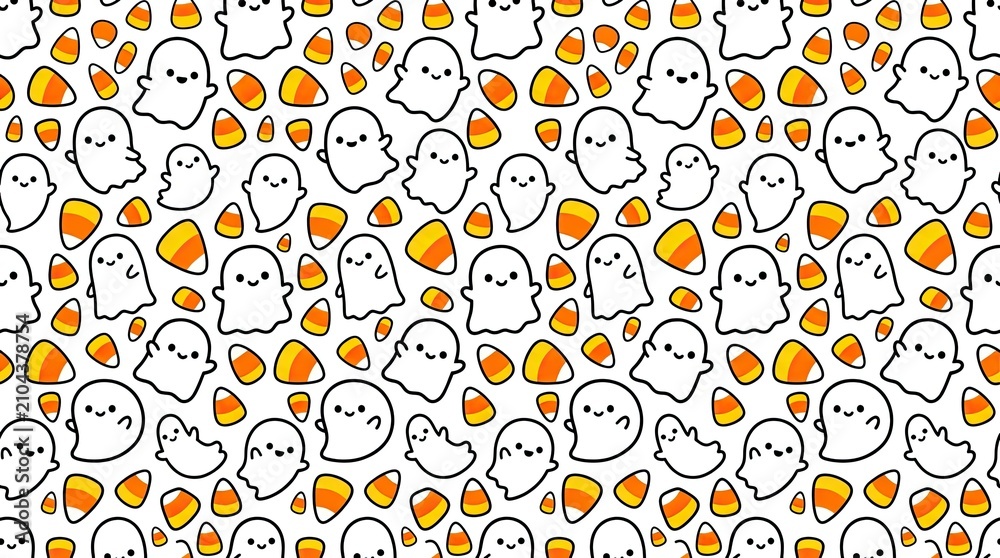 Cute halloween pattern ghosts and candy corn spooky fall season background