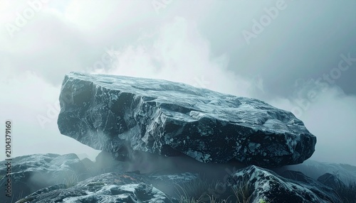 Majestic Rock Formation Amidst Misty Landscape - A Serene Natural Wonder.