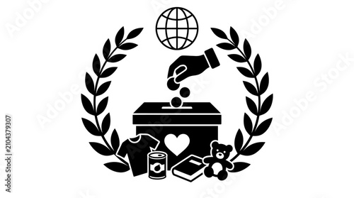Charity donation icon with global impact symbols.