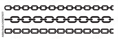 Chain silhouette pattern set featuring seamless repeatable link designs, interlocking chain shapes, decorative borders, industrial motifs, isolated backgrounds and editable vector illustrations.