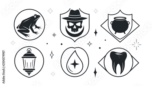 Gothic Grim Reaper Skull and Vintage Detective Inspector Shield Crest Badge Collection for Mystery Video Game Strategy Interface Asset Artwork