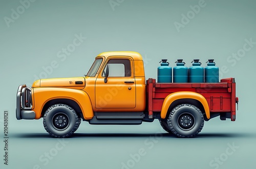 Vintage yellow truck with red bed and four teal gas cans vintage truck red truck bed