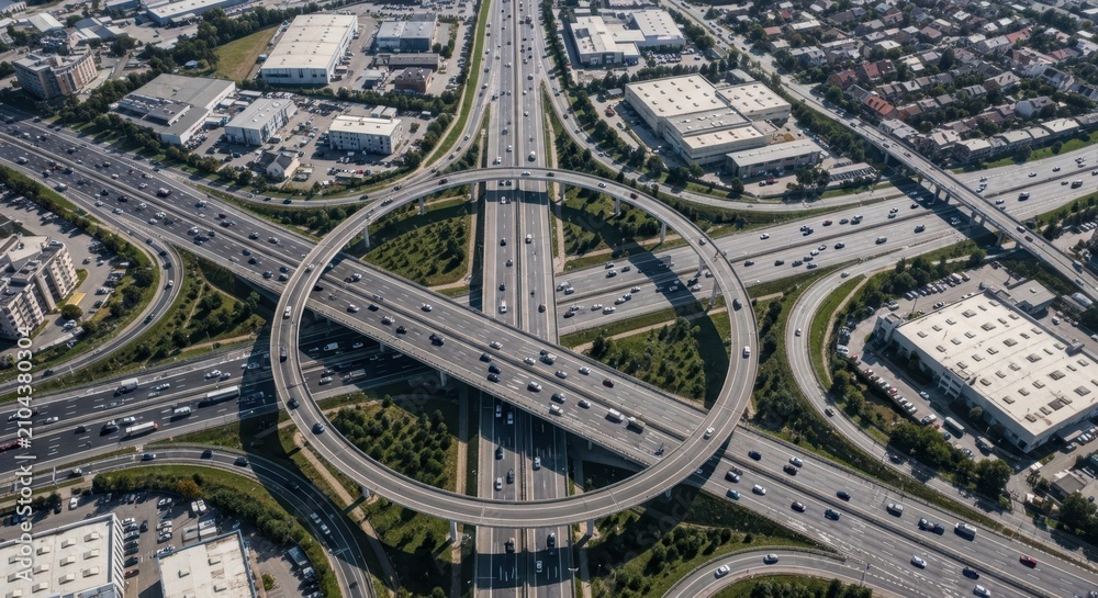 Fototapeta premium Expansive aerial view of a complex highway intersection network with circular overpasses and busy traffic flow during daytime.