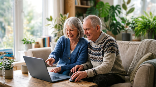 Happy Senior Technology Users Browsing Online Together at Home on a Laptop Computer for Connection and Learning