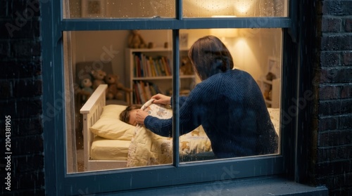 Parent tucking in a sleeping child in a bed while it rains outside a window bedtime
