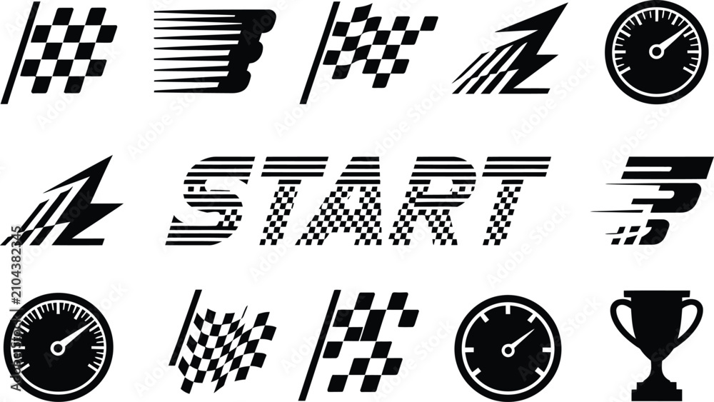 Obraz premium Racing elements silhouette collection checkered flags speedometers and a trophy for motorsports design