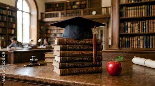Academic success graduation cap atop stacked books in a classic university library setting