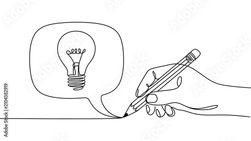 Continuous one line drawing of hand holding pencil sketching speech bubble with light bulb, minimalist single line sketch illustration symbolizing idea, creativity, innovation, and inspiration concept
