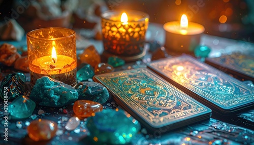 Mystical tarot cards with burning candles and crystals glowing in dim light creating atmosphere of divination meditation and energy healing through magic and esoteric symbolism
