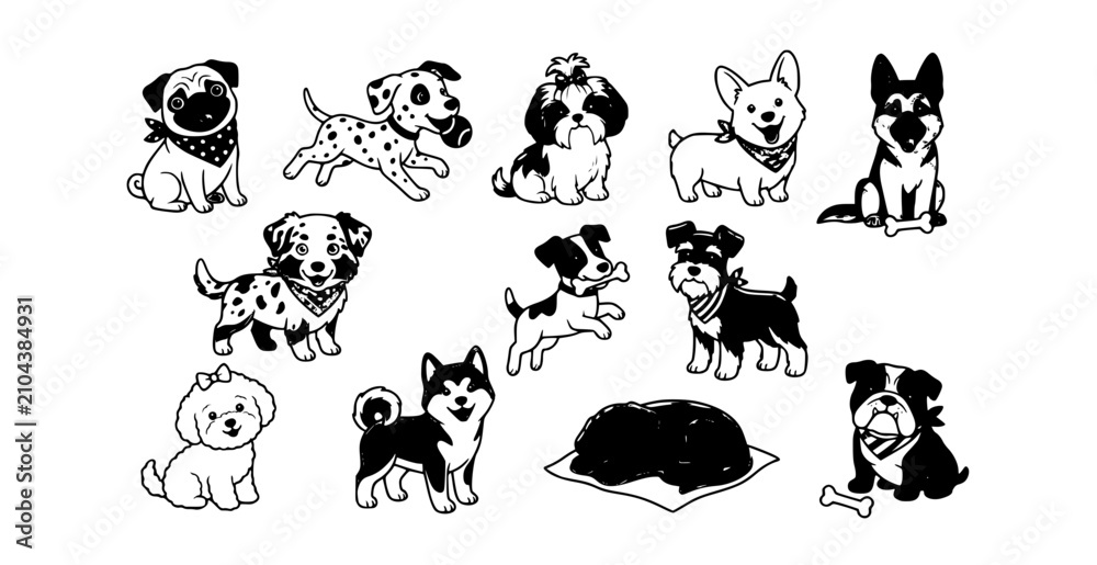 Obraz premium Cute Dog Breeds Collection Vector Adorable Puppy Cartoon Character Set