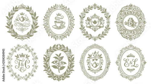 Ornate Oval Frames with Tea and Crest Elements