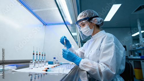 Pharmacist in full cleanroom garb compounding sterile injectable under laminar flow hood, ISO Class 5 pharmaceutical compounding suite.