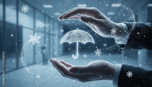 Frosted hands shielding glowing umbrella icon with snowflake swirl, concept of winter insurance, climate risk protection and holiday safety care